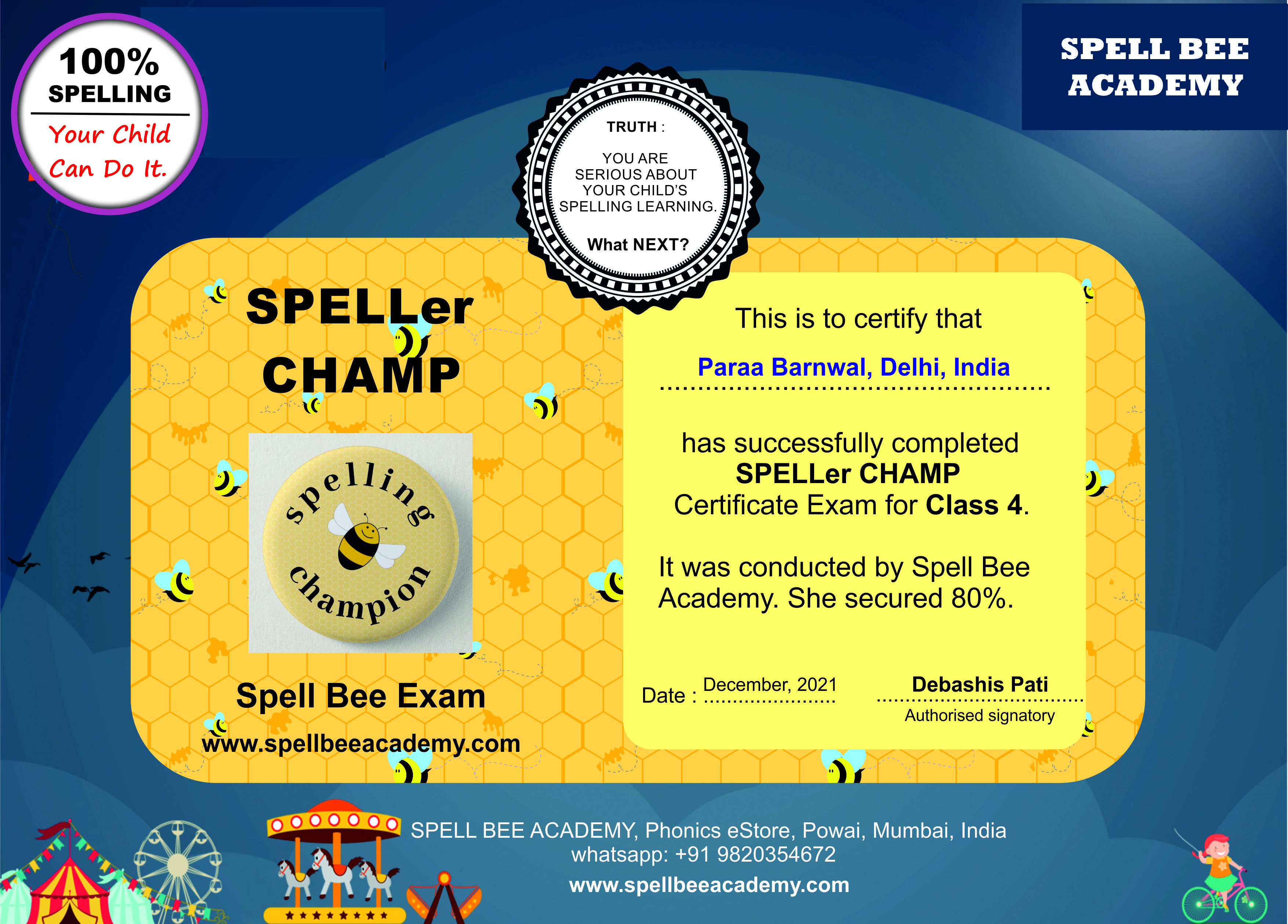 spell bee competition online exam results certificate